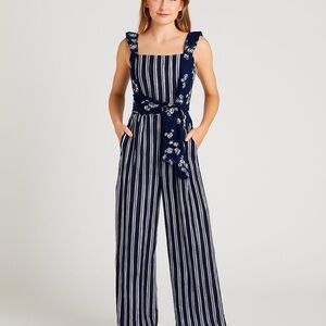 Altar'd State Striped/floral Black/White Ruffled Strap pocket Jumpsuit size L